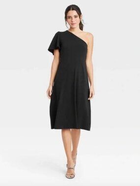 Who What Where Women's One Shoulder Puff Short Sleeve Dress (M) Black NWT!